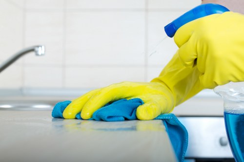 Cleaner assessing a room for safety before work begins